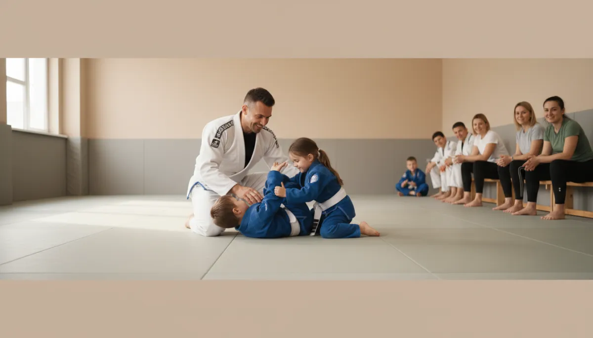 photorealistic wide shot of children practicing Brazilian Jiu-Jitsu on clean mats in a bright neutral-toned academy, friendly instructor kneeling and smiling while guiding two kids through a basic grappling drill, parents watching from the side, calm and safe atmosphere