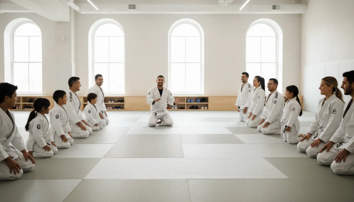 photorealistic wide shot of a bright neutral-toned Brazilian Jiu-Jitsu academy, smiling parents and children in white gis lined up on the mat, friendly instructor kneeling with them, relaxed community feel, soft natural lighting