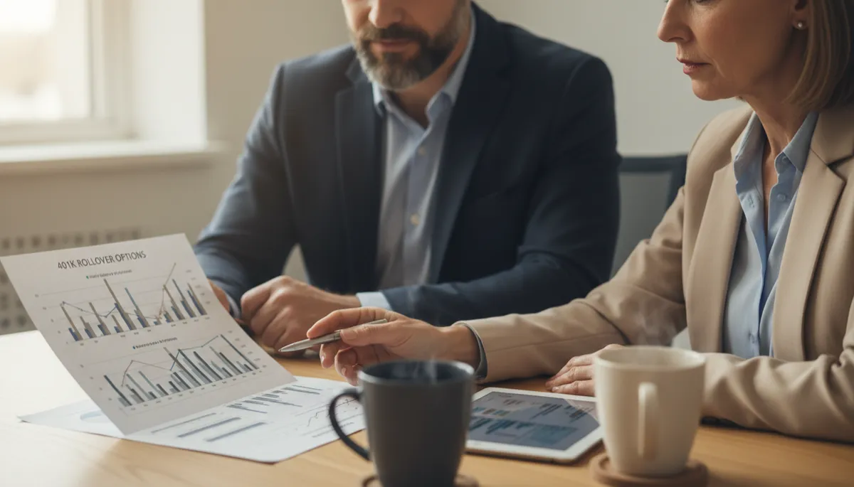 Advisor and client comparing 401(k) rollover options on a chart Advisor and client comparing 401(k) rollover options on a chart