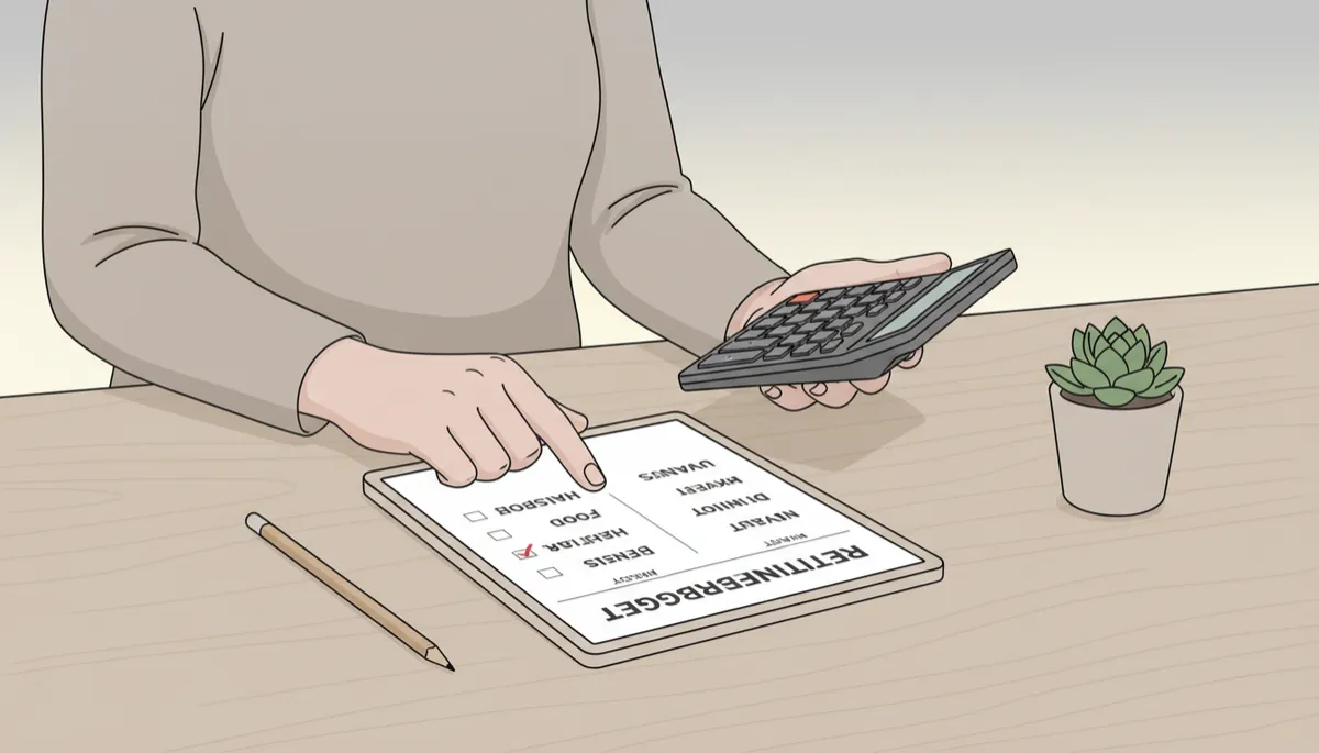 Person organizing retirement expenses into needs and wants using a checklist and calculator