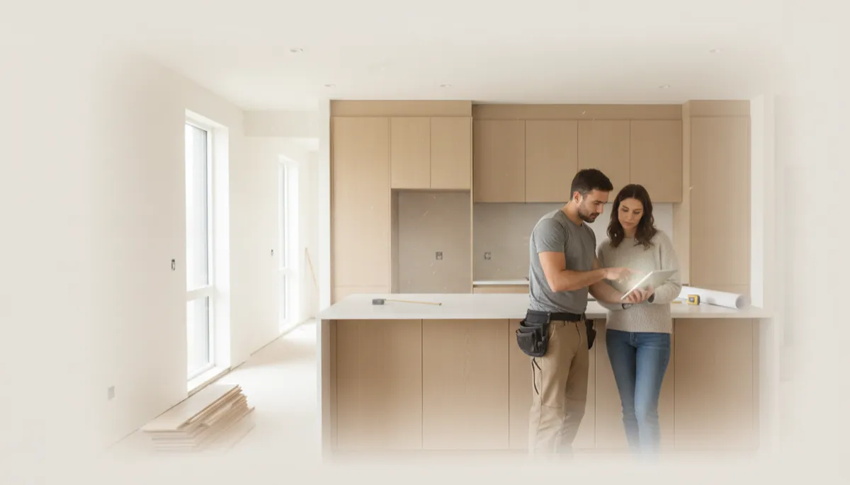 photorealistic neutral-toned modern kitchen remodel with contractor and homeowner reviewing design plans on a tablet, soft natural light, subtle depth of field