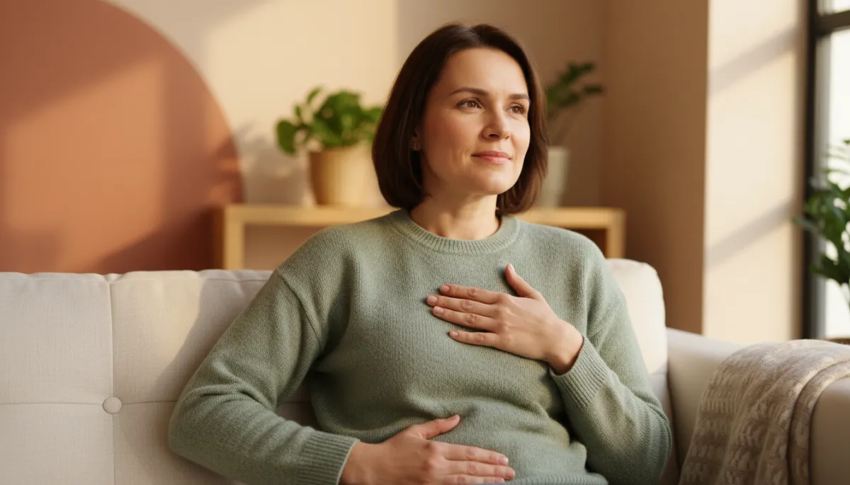 Adult holding stomach and chest, reflecting on stress and digestion in a calm setting