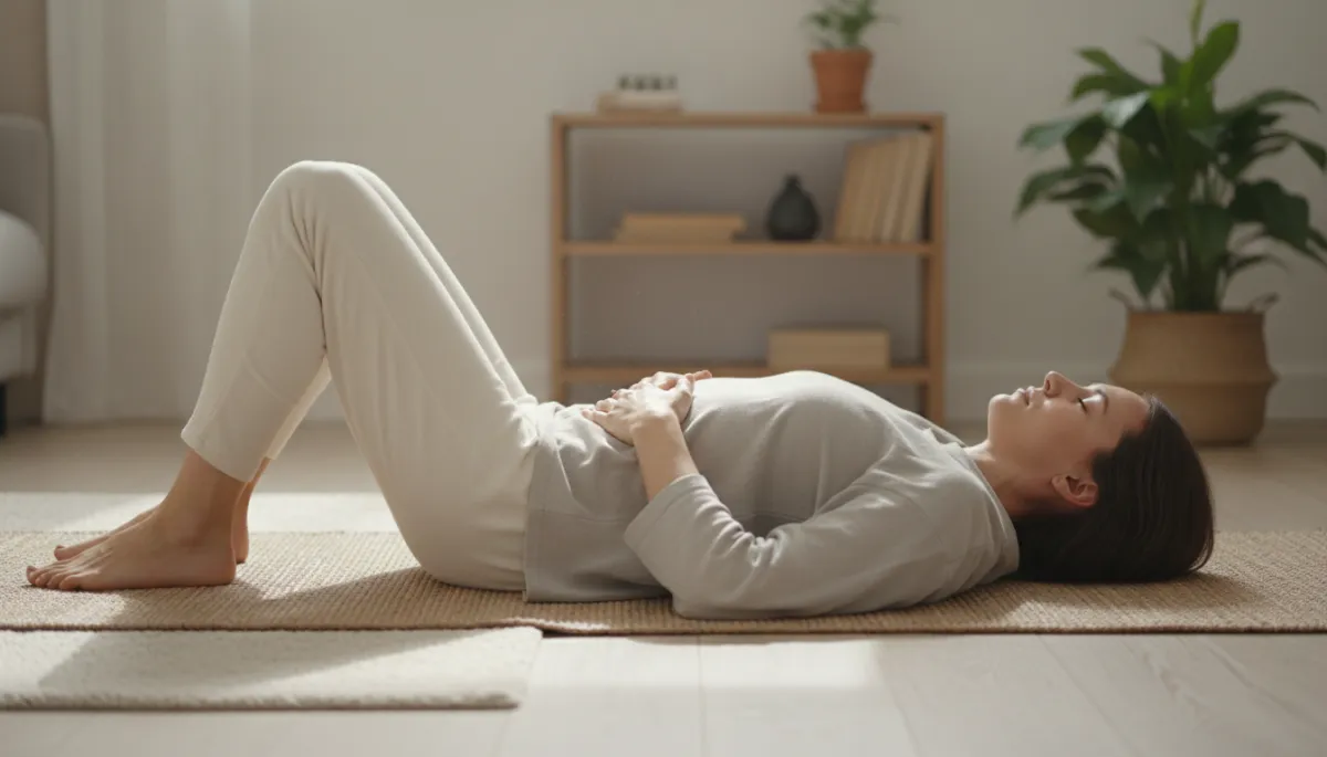 Person practicing gentle diaphragmatic breathing on a yoga mat at home