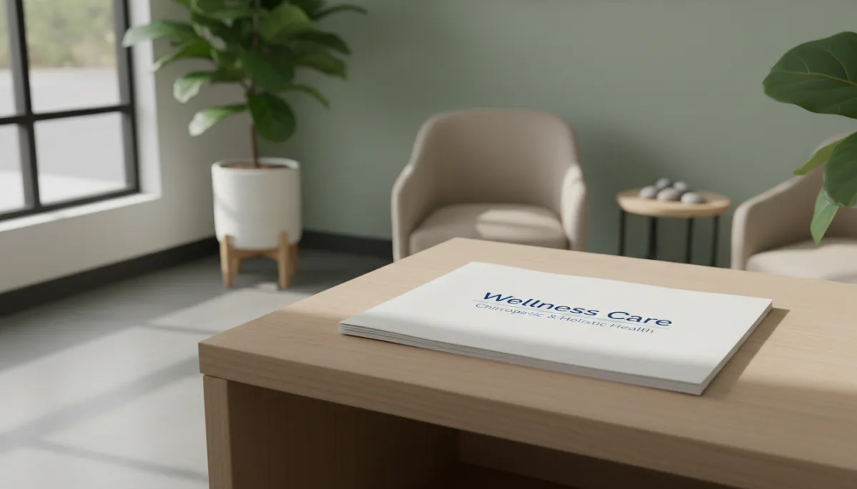 A photorealistic, high-quality image of a clean, modern clinical desk in a bright, welcoming chiropractic office. The desk is completely free of tools or personal items, featuring only a single neatly stacked printed report on the surface. The report’s visible cover is clearly titled 