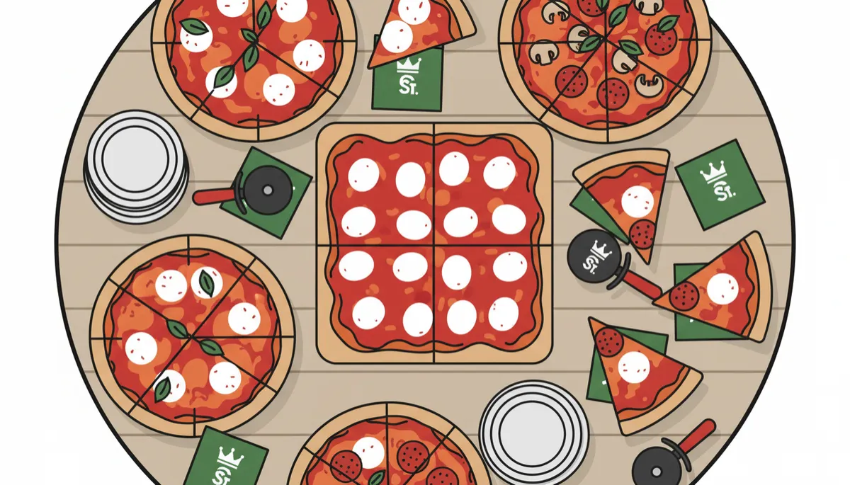 Table at Prince St. Pizza with assorted Sicilian and Neapolitan-style pizzas