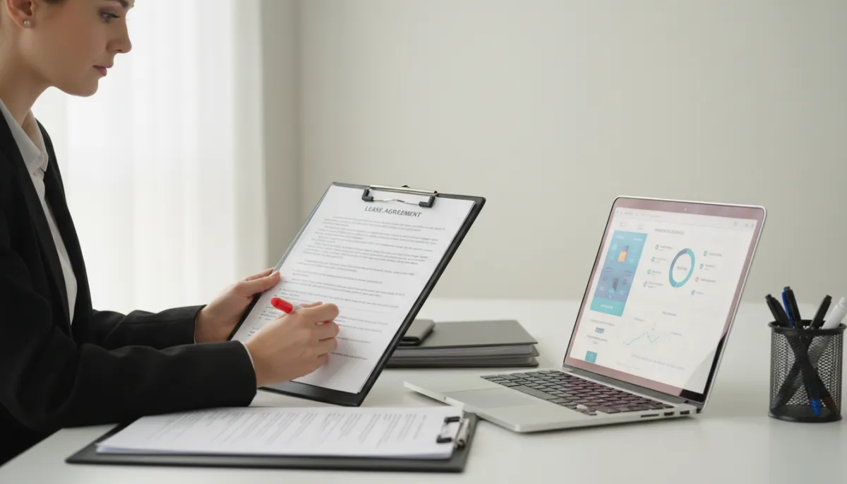 Property owner reviewing detailed lease clauses with supporting digital tools Property owner reviewing detailed lease clauses with supporting digital tools