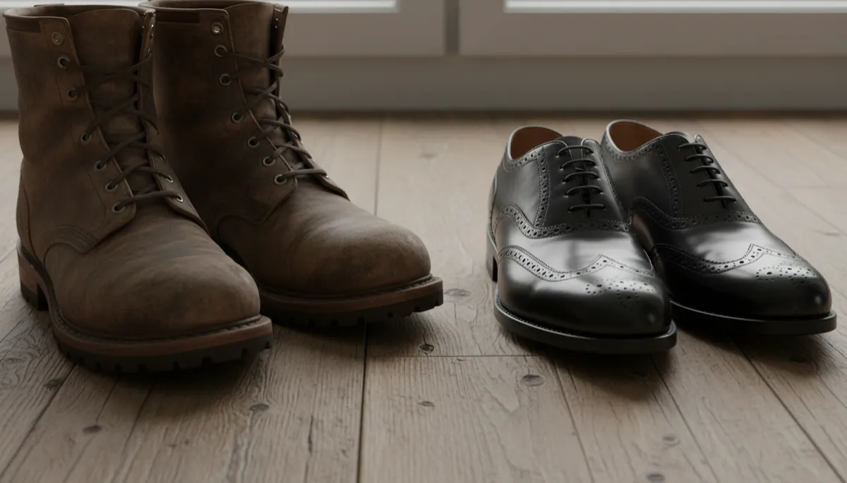 Work boots and dress shoes positioned side by side in a calm setting Work boots and dress shoes positioned side by side in a calm setting