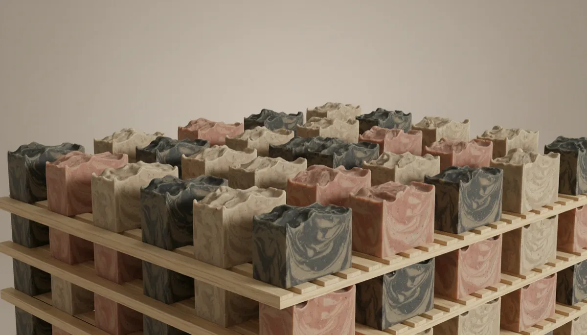 Neatly stacked small-batch soap bars curing on wooden racks