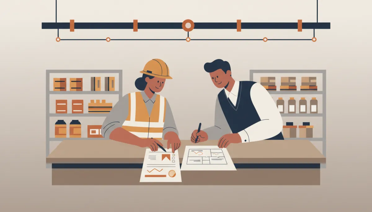 Contractor reviewing fire sprinkler inspection report with business owner