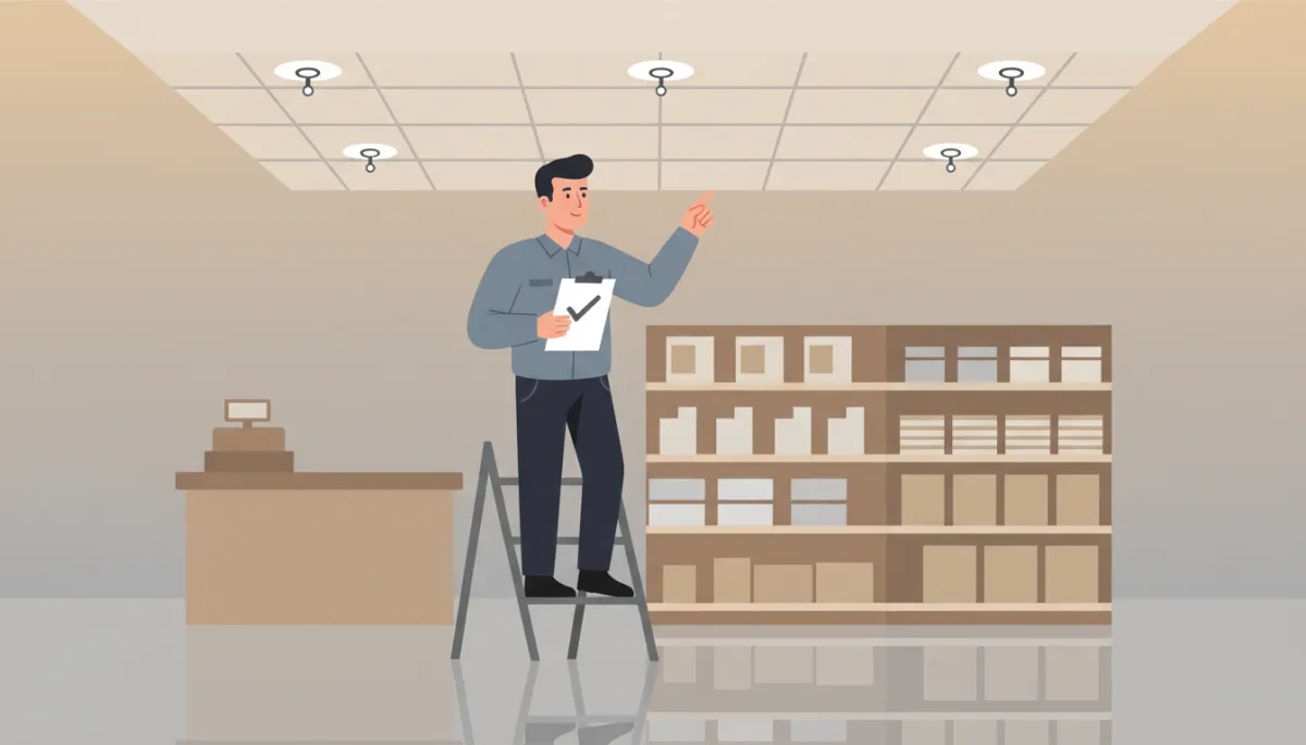 Fire inspector examining sprinkler heads in a local retail business Fire inspector examining sprinkler heads in a local retail business