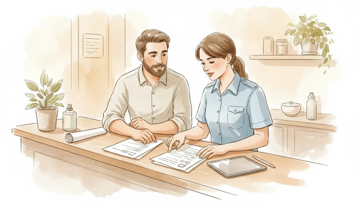 Local business owner reviewing fire safety inspection documents with an inspector