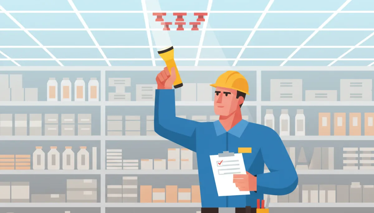 Technician visually inspecting fire sprinkler heads in a local store Technician visually inspecting fire sprinkler heads in a local store