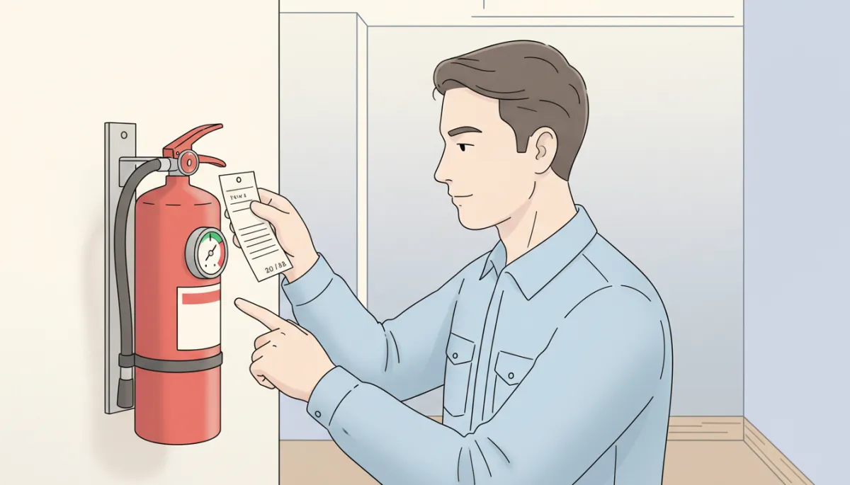 Technician inspecting a fire extinguisher in a local business