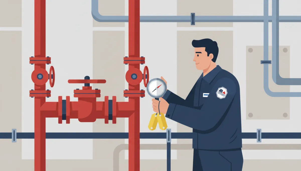 Fire protection technician testing a commercial sprinkler riser and valves Fire protection technician testing a commercial sprinkler riser and valves