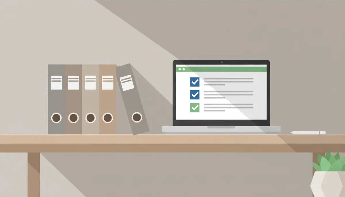 Organized inspection records and digital checklist on a local business office desk