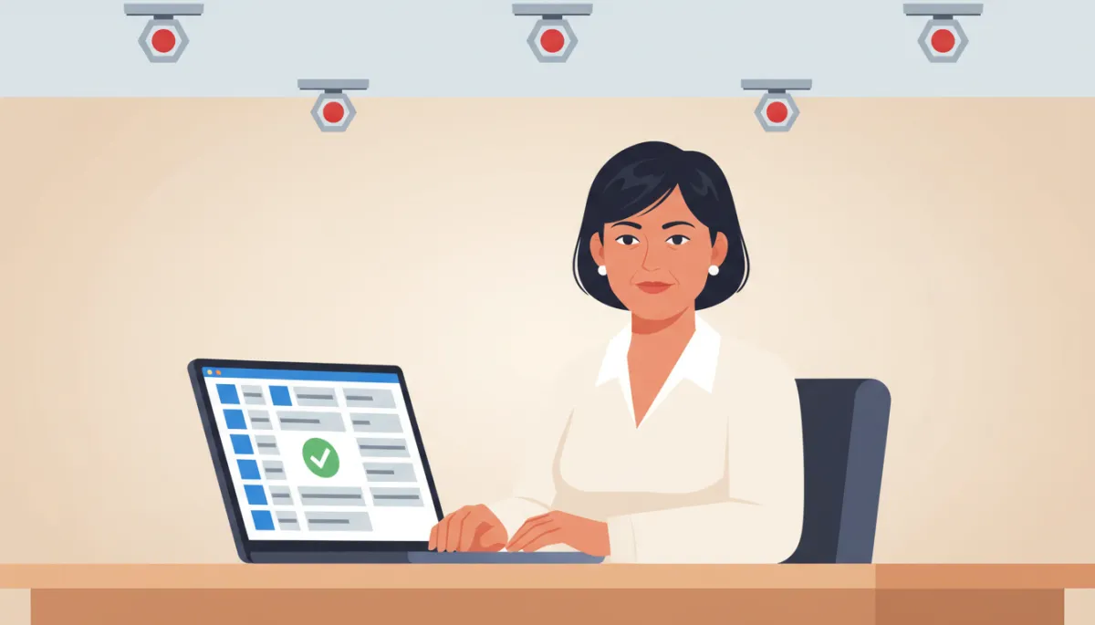 Local business owner reviewing organized fire sprinkler compliance report on a laptop