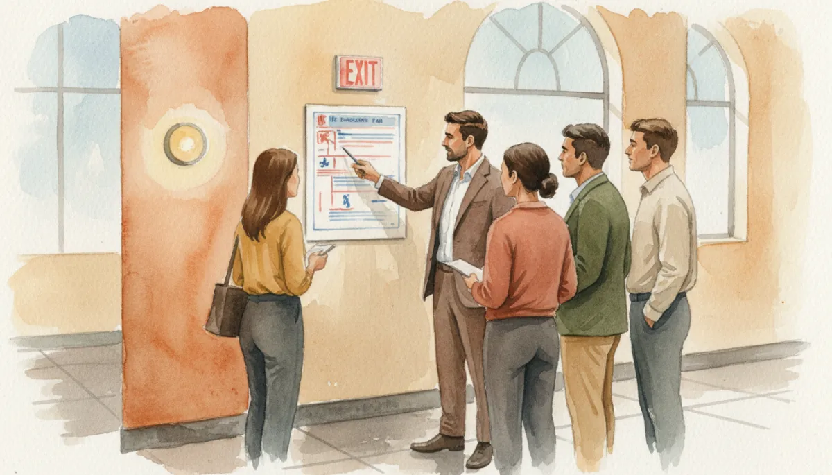 Property manager and tenants reviewing a fire evacuation plan in a lobby Property manager and tenants reviewing a fire evacuation plan in a lobby