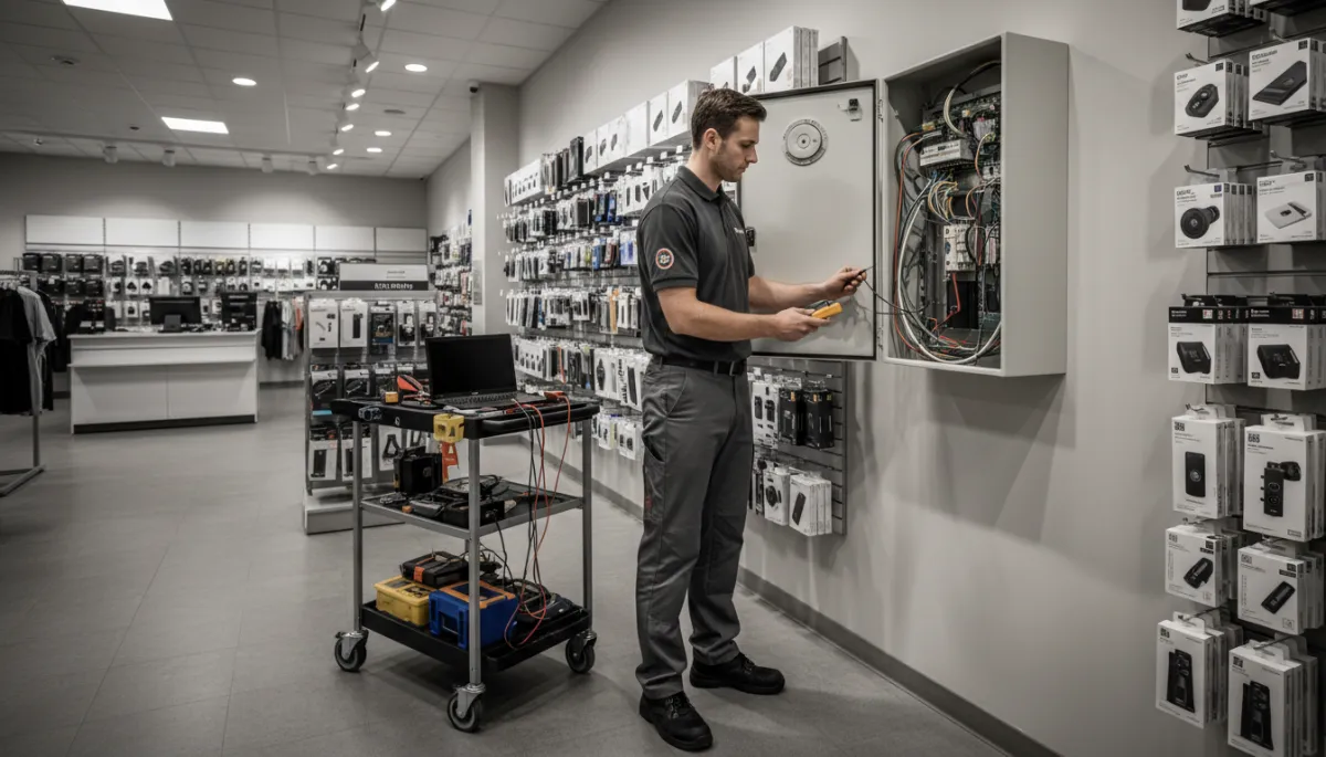 Technician inspecting a fire alarm panel in a local business