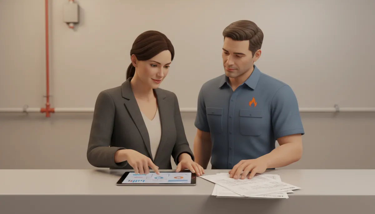 Local business owner reviewing sprinkler maintenance report with technician