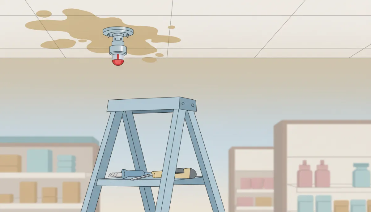 Ceiling sprinkler head near a stained ceiling tile indicating a possible leak