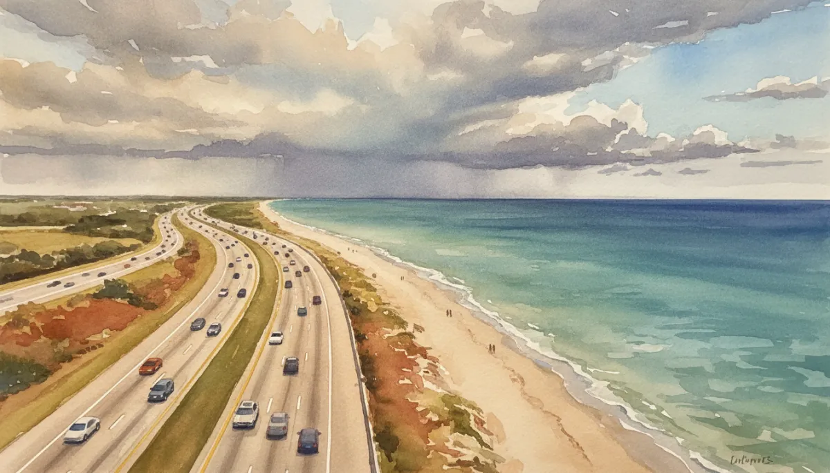 Cars driving along a Florida coastal highway under cloudy skies