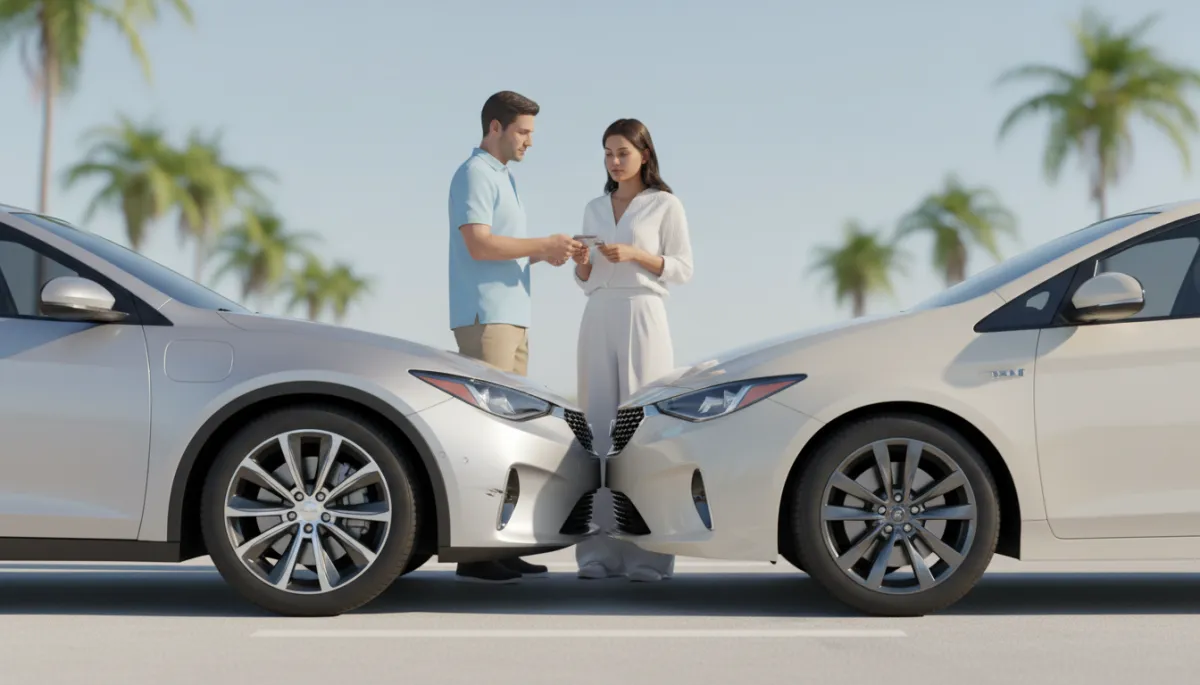 Two Florida drivers exchanging insurance information after a minor car accident Two Florida drivers exchanging insurance information after a minor car accident