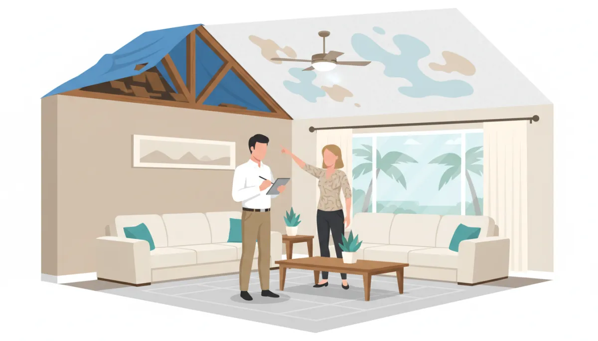Insurance adjuster reviewing hurricane wind damage inside a Florida home Insurance adjuster reviewing hurricane wind damage inside a Florida home