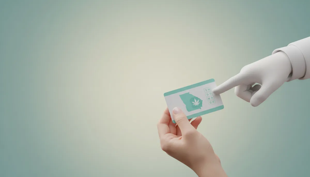 Patient holding a Georgia medical cannabis card while a pharmacist explains product directions