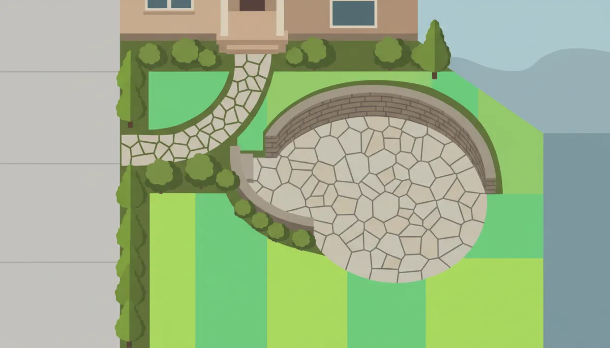 Overhead view of landscaped Nashville home with patio, sod, and retaining wall