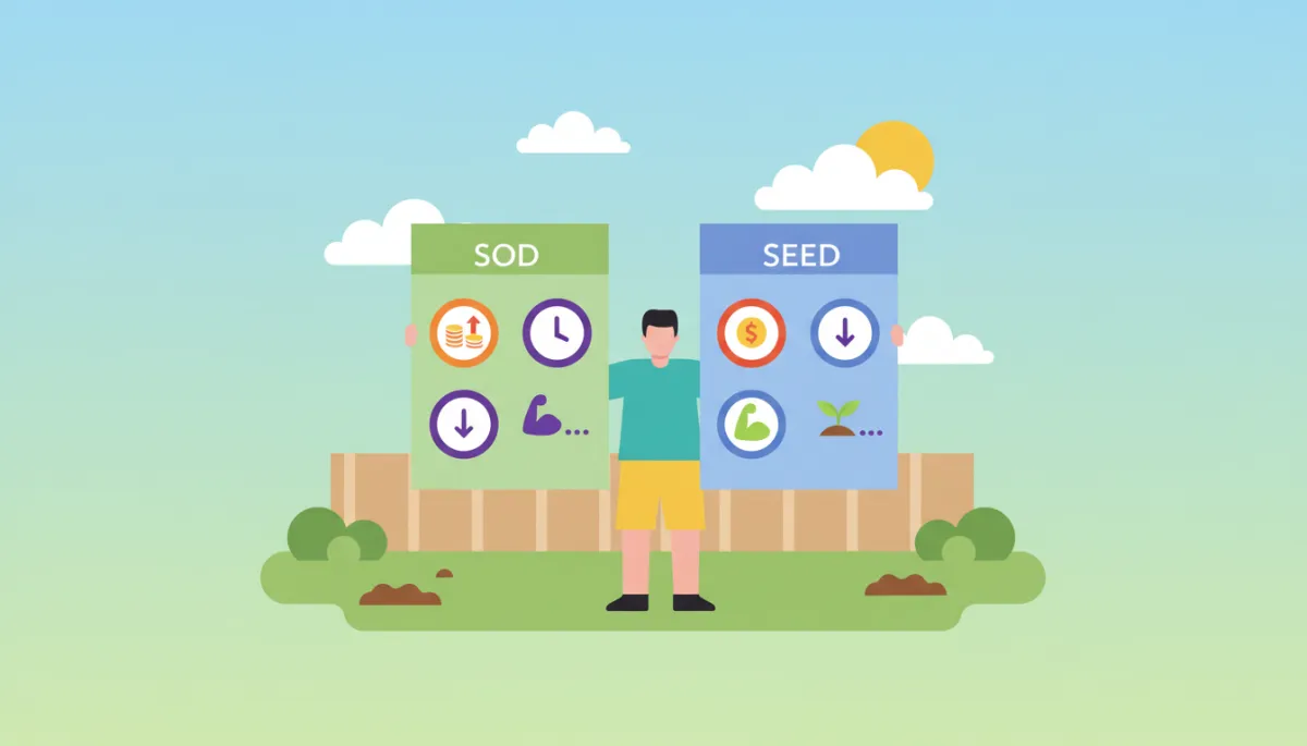 Minimal flat illustration comparing pros and cons of sod and seed