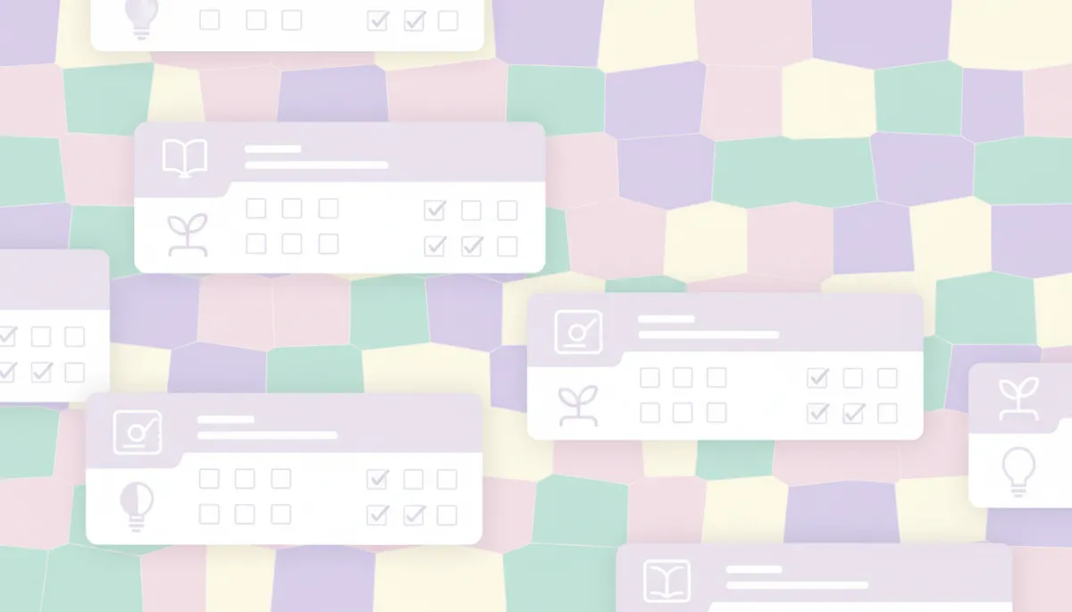 Online course dashboard with modules against a soft pastel mosaic background