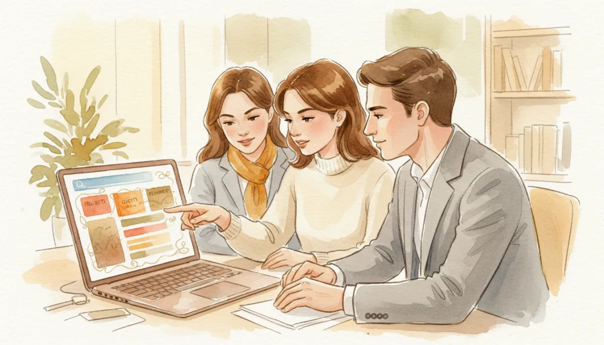 Consulting team reviewing an organized knowledge base dashboard in a neutral workspace Consulting team reviewing an organized knowledge base dashboard in a neutral workspace