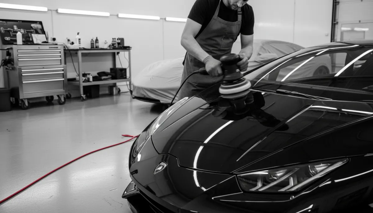A monochrome or black-and-white photo of a detailer preparing a Lamborghini Huracán in a clean, high-end workshop, with a touch of red in the scene (such as a light reflection, a glove, or a logo) to match the brand board.