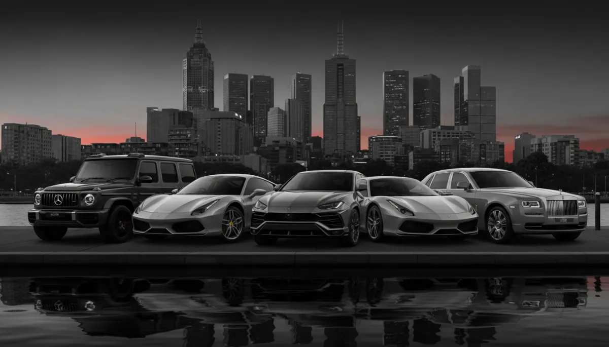 A dramatic, dark theme black-and-white or monochrome image of a line-up of supercars including Mercedes-AMG G63, Lamborghini Urus, Ferrari 488, and Rolls-Royce Ghost parked in front of the Melbourne city skyline at dusk, with subtle red accents or reflections to add a premium, dynamic touch.