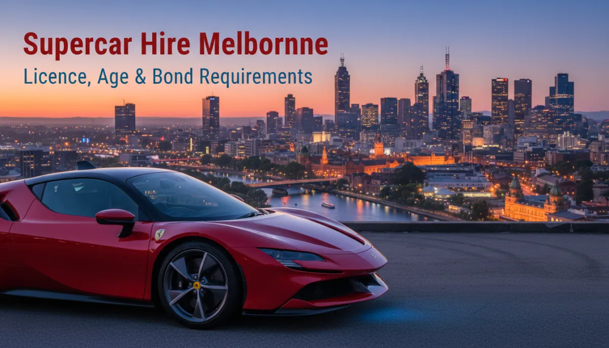 professional photorealistic scene of a red supercar parked in front of Melbourne city skyline at dusk, clean neutral colour palette, subtle brand accents in deep red and blue, overlay text in modern sans-serif fonts reading 'Supercar Hire Melbourne' and 'Licence, Age & Bond Requirements'