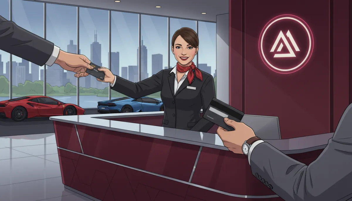 A professional, stylish image of a customer handing over their licence and credit card at a luxury supercar hire desk in Melbourne. The design features brand touches in deep red (e.g. desk trim, signage, or accents), and the setting is modern and upmarket.