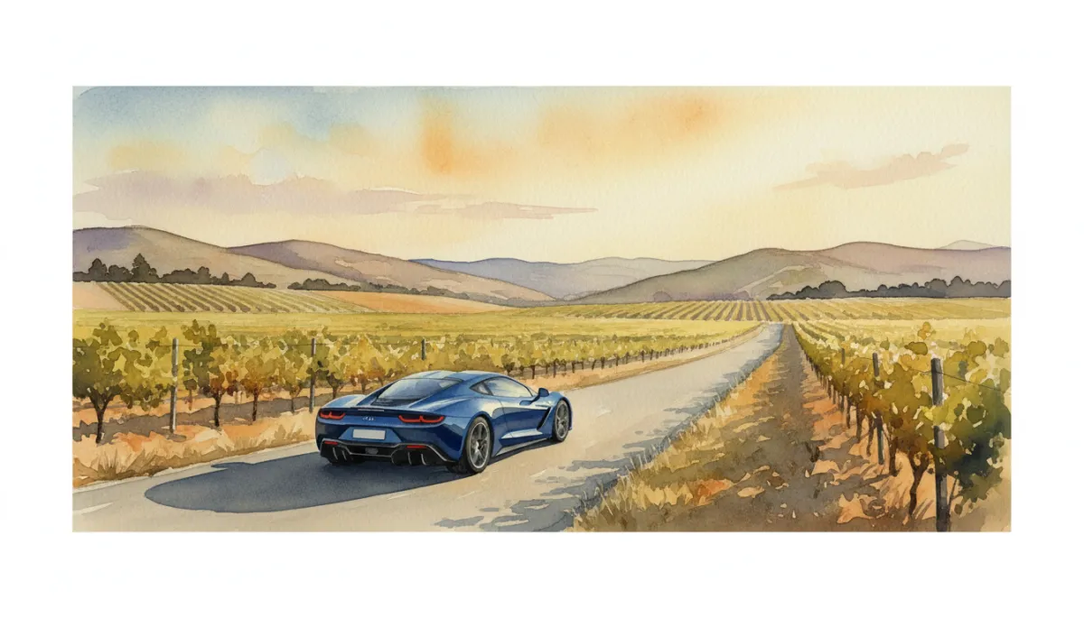 Supercar driving past vineyards in the Yarra Valley