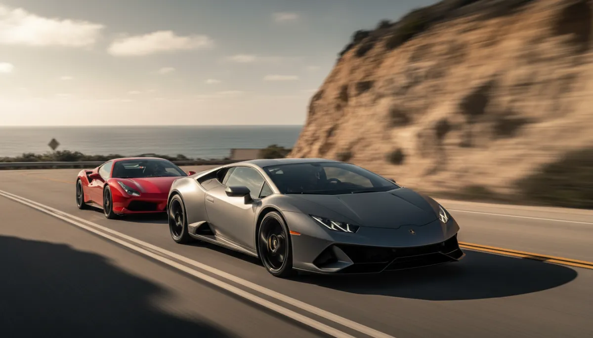 Lamborghini Huracán Tecnica driving ahead of a Ferrari 488 GTB on a coastal road