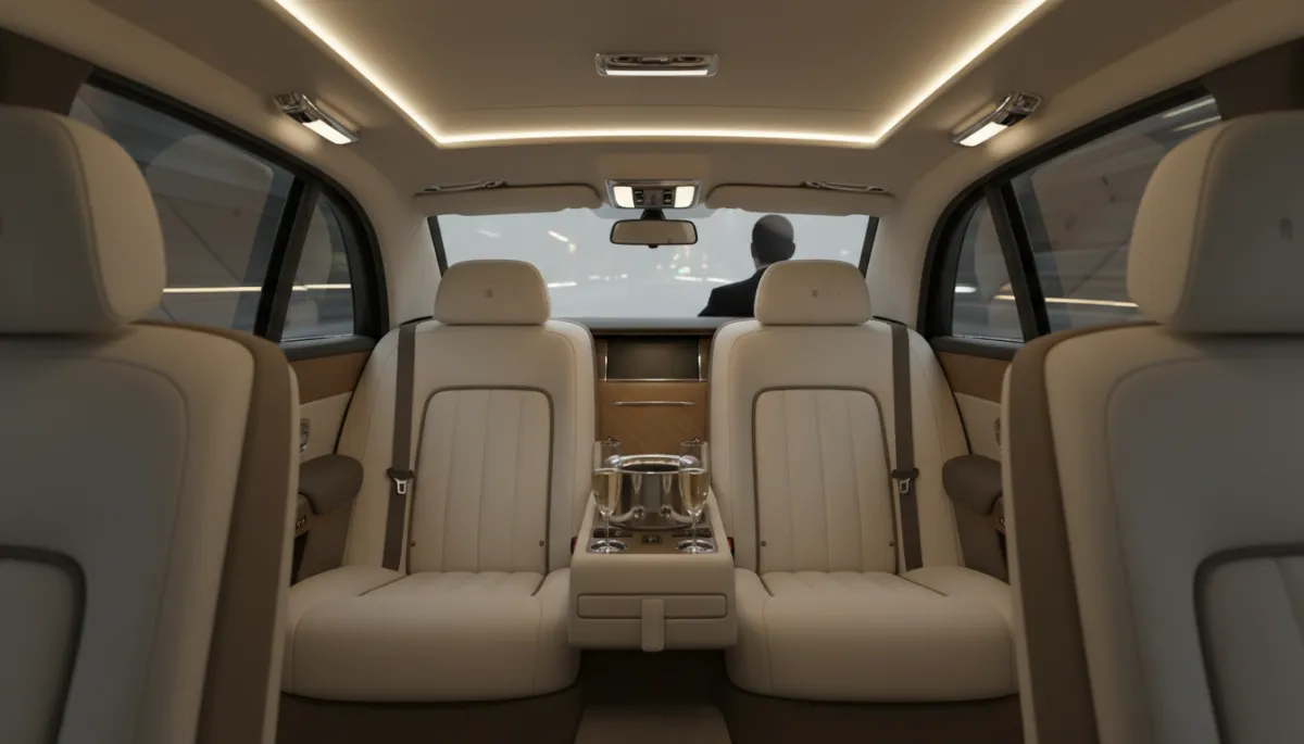 Luxurious rear cabin of a chauffeured Rolls-Royce Ghost at night