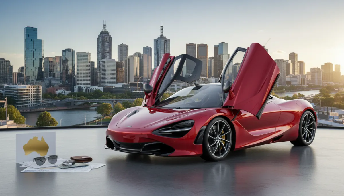 Red supercar parked in front of Melbourne cityscape