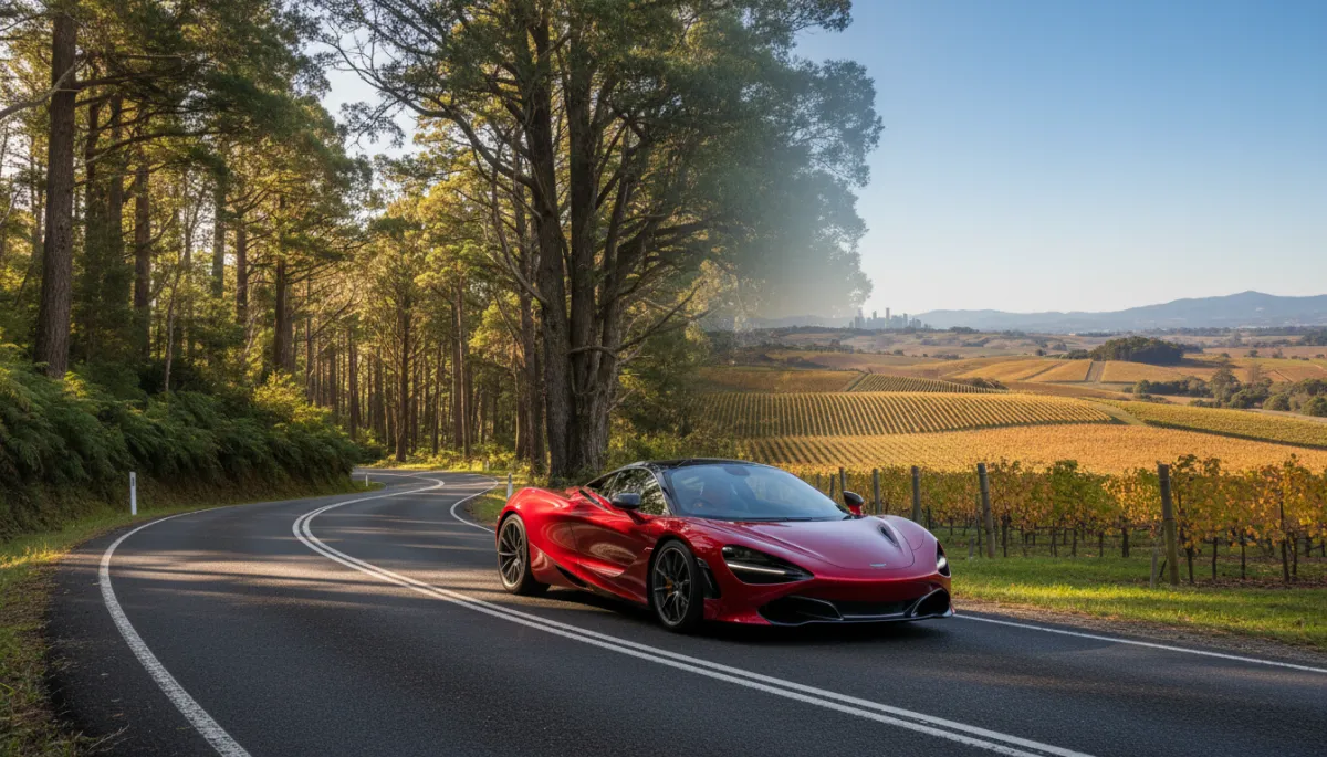 Red supercar at scenic lookout above winding forest road near Melbourne