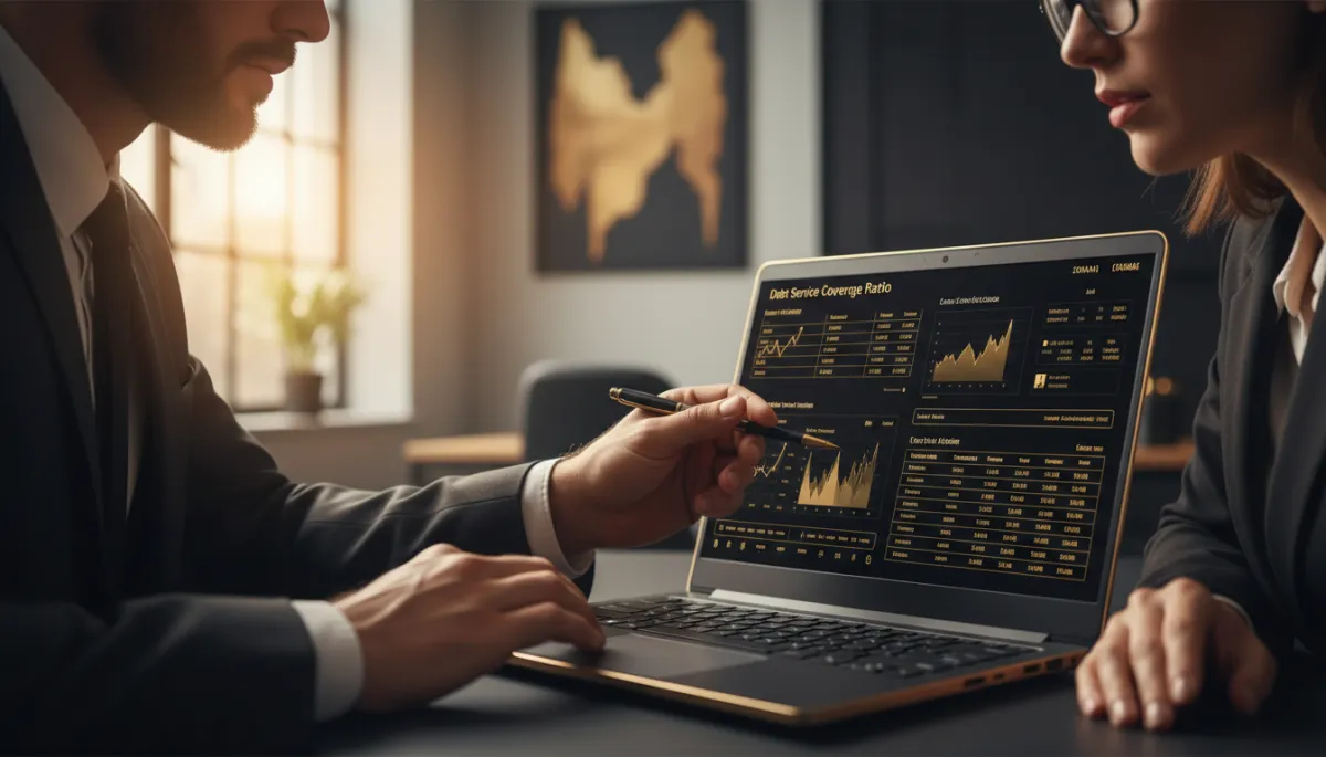 Investor and advisor reviewing DSCR numbers on a laptop