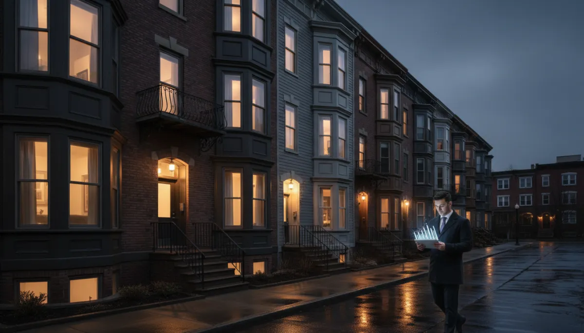 Row of renovated Providence multifamily properties at twilight