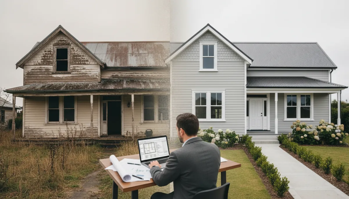 Real estate investor reviewing fix and flip renovation plans and numbers