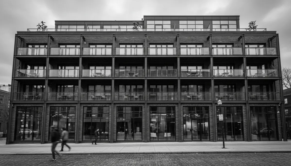 Photorealistic black-and-white mixed-use mid-rise with retail and apartments
