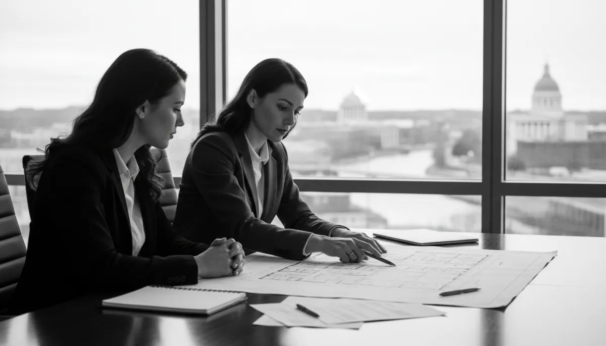 Photorealistic black and white meeting between a private lender and Rhode Island real estate investors
