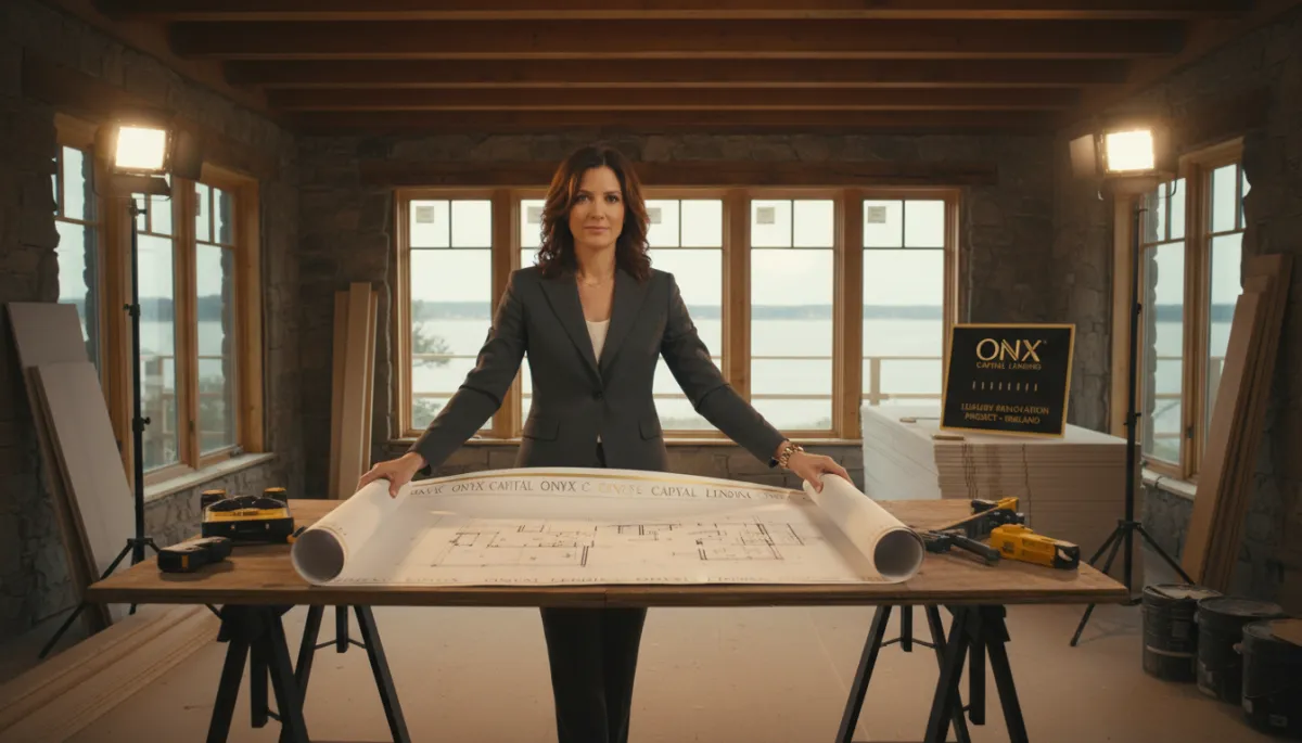 photorealistic scene of a confident real estate investor reviewing renovation plans inside a modern, partially renovated Rhode Island home; black and gold #0A0A0A and #C9A84C accents on signage and documents; subtle Onyx Capital Lending style branding; professional lighting and upscale investment property vibe