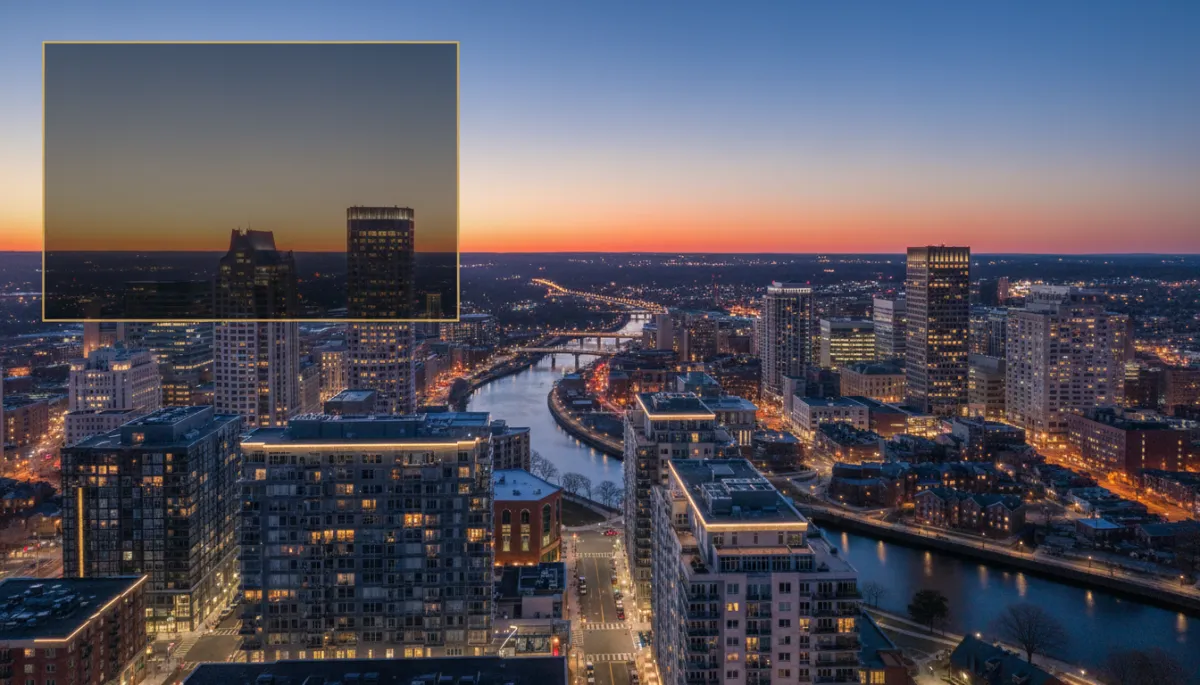photorealistic aerial twilight view of downtown Providence Rhode Island with modern apartment buildings, subtle black and gold #0A0A0A and #C9A84C color accents in building lights and reflections, elegant overlay space for headline text