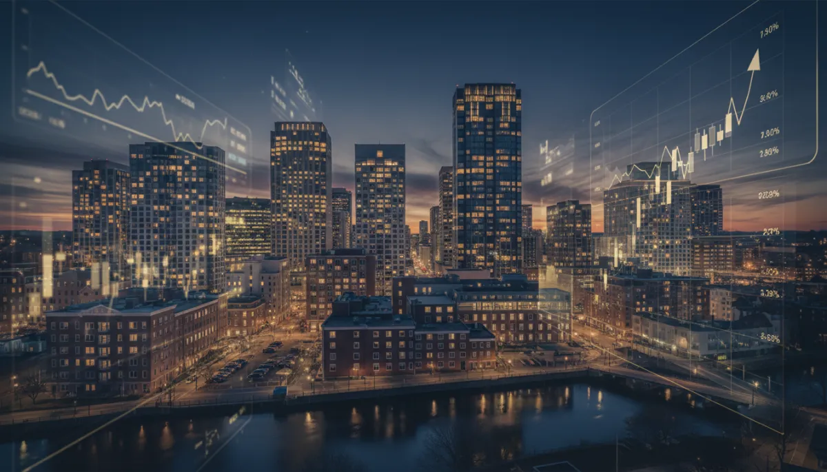 photorealistic aerial evening view of downtown Providence skyline with modern multifamily and historic brick buildings, subtle dark navy and gold color grading, overlaid with sleek financial graphs and lending metrics on transparent panels