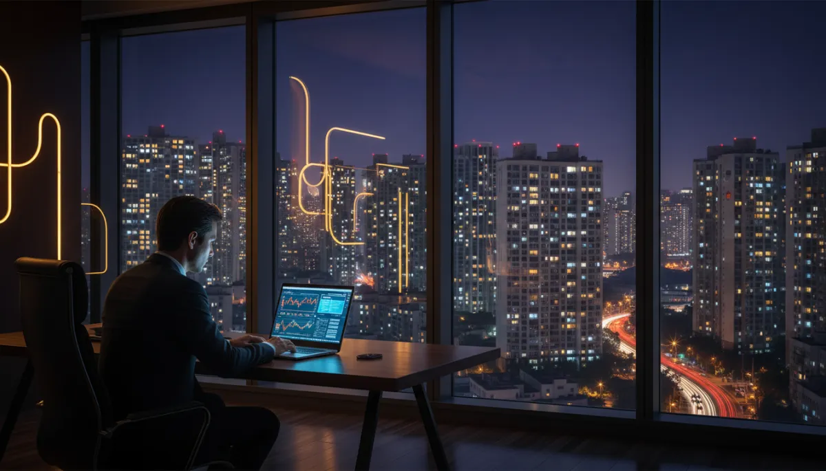 photorealistic night-time city skyline with illuminated apartment buildings and a professional investor reviewing financial charts on a laptop in a modern office, dark background with subtle gold lighting accents and reflections on glass